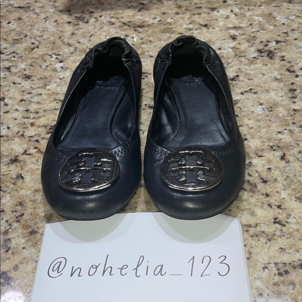 Tory Burch Black Flats with Silver Emblem